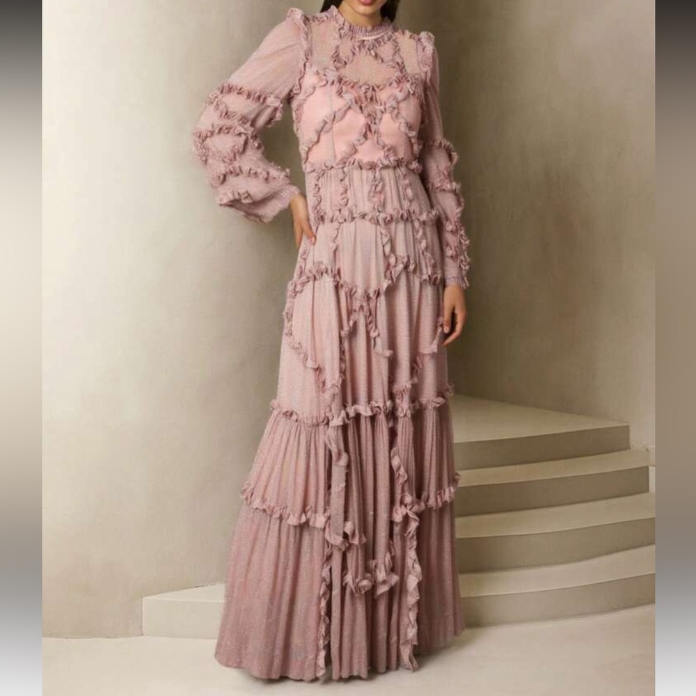 Needle & Thread Blush Long Sleeve Ruffled Dress